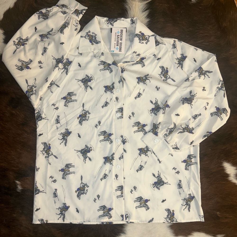 White Button-Up Shirt with Cowboy Print